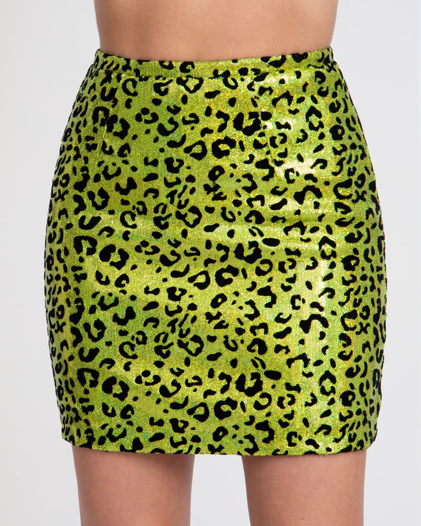 Holographic Leopard Sequin Mini Skirt - Green