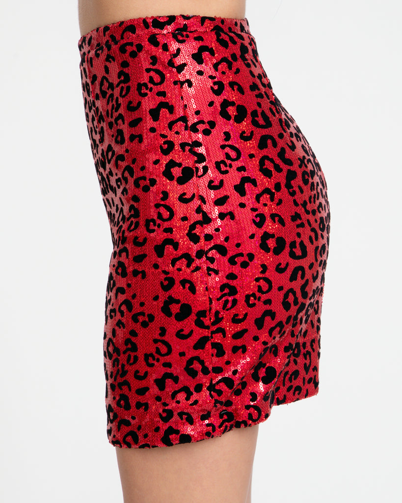 Holographic Leopard Sequin Mini Skirt - Red